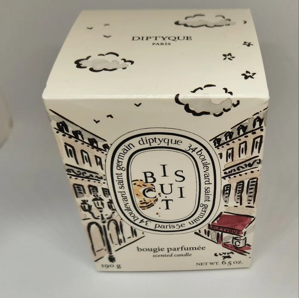 Empty Diptyque Biscuit Cafe Collection candle holder and box